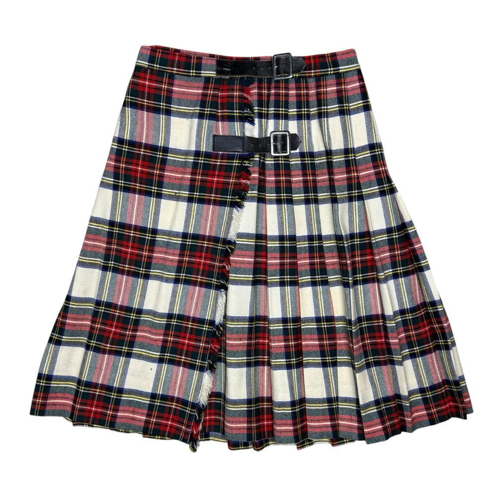 Vintage 1960s Plaid Tartan Kilt Pleated A-Line Skirt Red Cream Green Black XS